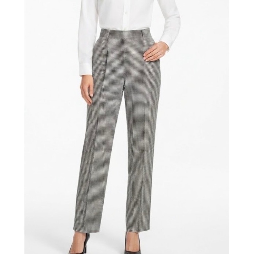 Talbots Worsted Wool Houndstooth Plaid Pleated Trousers Pants Black White 12